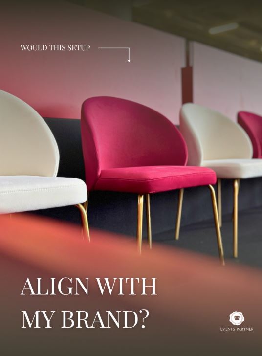A row of modern chairs, mostly white with one red chair in the center, against a pink and black background. Text reads: "Would this setup align with my brand?.