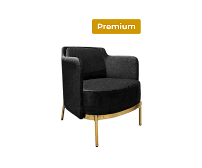 Black armchair with gold legs, labeled "Premium" at the top. The chair has a modern design with curved armrests and a cushioned seat.