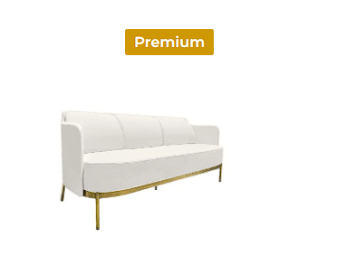 A white modern sofa with gold legs is shown below a gold "Premium" label on a white background.