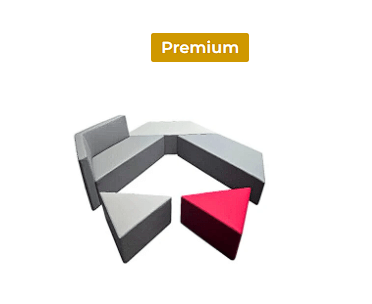 Modular sectional sofa set with angled pieces, one of which is bright red among neutral gray sections, arranged in a semicircle. "Premium" label appears above.