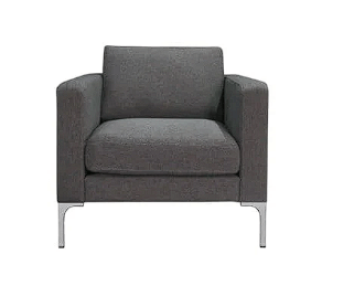 A grey upholstered armchair with straight armrests and metal legs, viewed from the front against a white background.