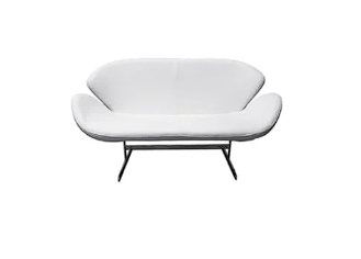 A modern white upholstered sofa with curved armrests and a black metal base, photographed against a white background.